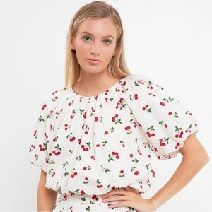 English Factory cherry print puff sleeve top white textured crop blouse small